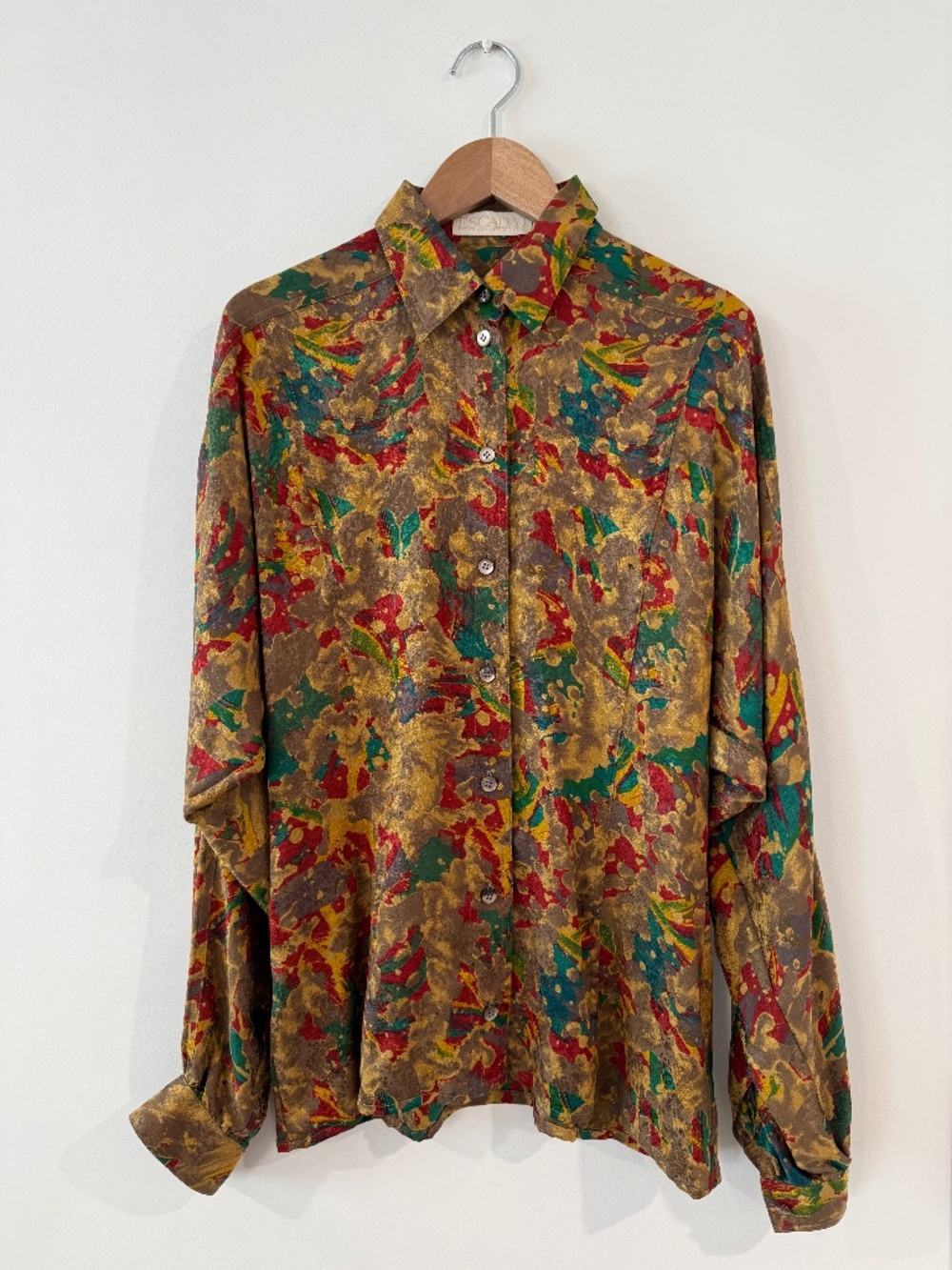 Escada vintage silk patterned shirt, earth tones, EU size 36, made in Germany